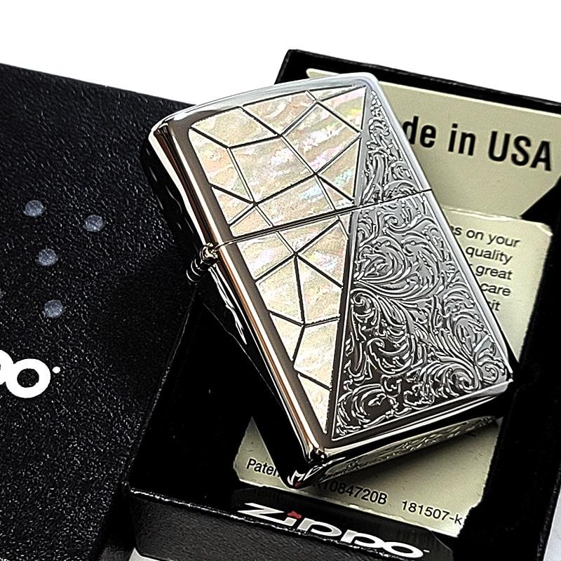 ZIPPO ライター トライアングル アラベスク ホワイトシェル模様 ジッポ 鏡面仕上げ 彫刻 シルバー かっこいい おしゃれ メンズ ギフト プレゼント