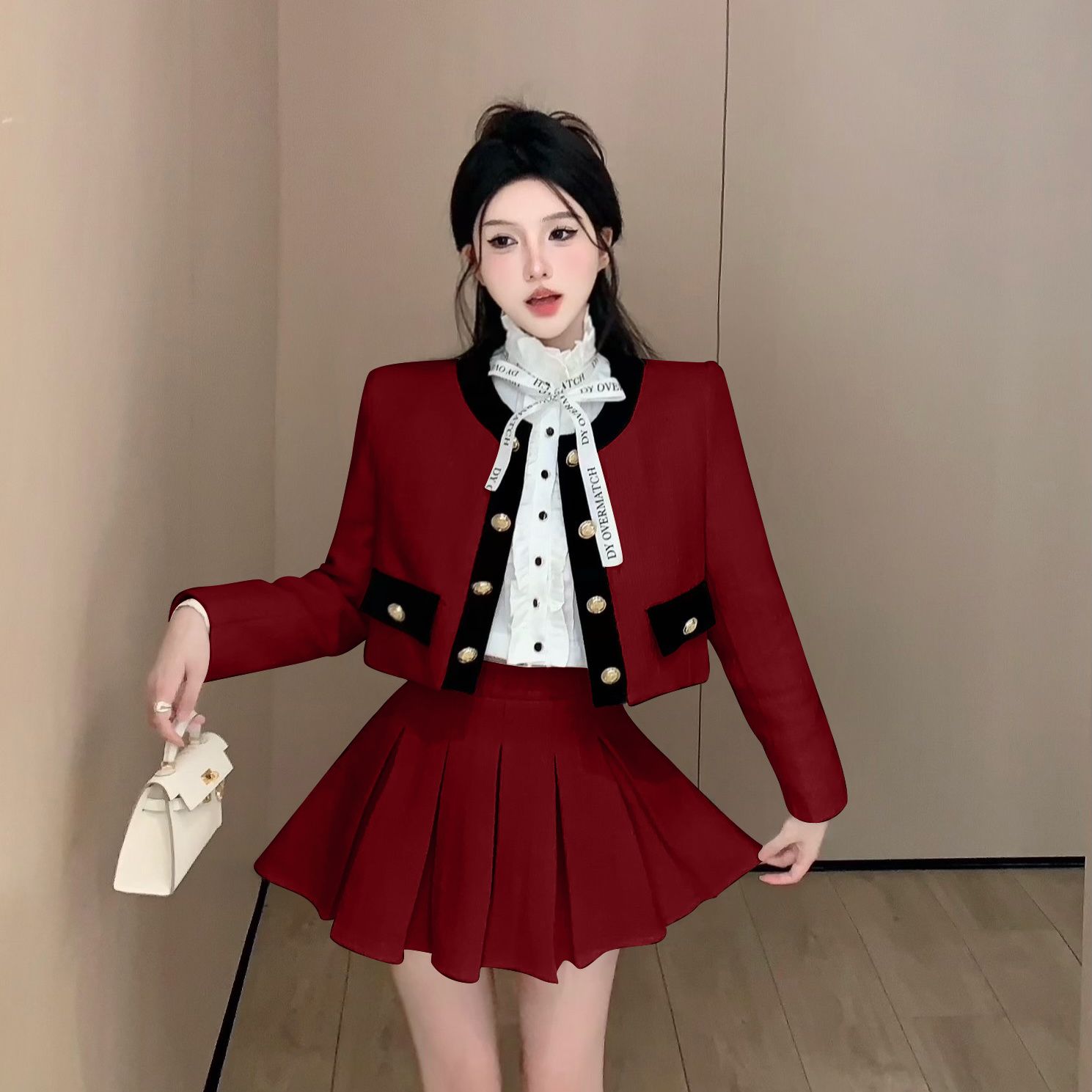 秋冬レディースシスタースーツ小さめツイードコントラストショートコート年齢軽減スカート2点セット 秋冬レディースシスタースーツ小さめツイードコントラストショートコート年齢軽減スカート2点セット