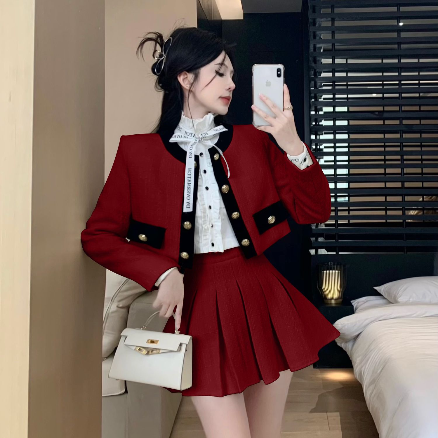 秋冬レディースシスタースーツ小さめツイードコントラストショートコート年齢軽減スカート2点セット 秋冬レディースシスタースーツ小さめツイードコントラストショートコート年齢軽減スカート2点セット