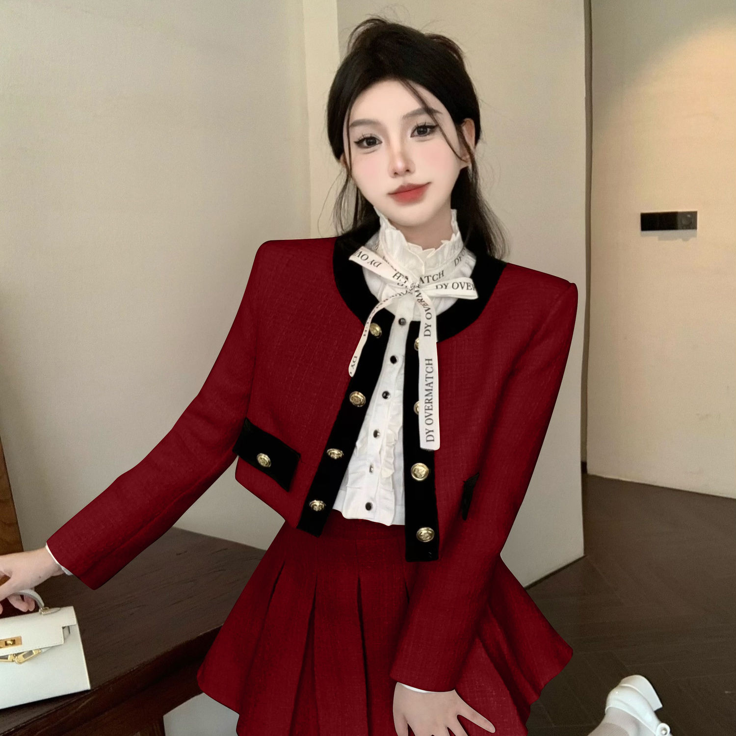 秋冬レディースシスタースーツ小さめツイードコントラストショートコート年齢軽減スカート2点セット 秋冬レディースシスタースーツ小さめツイードコントラストショートコート年齢軽減スカート2点セット