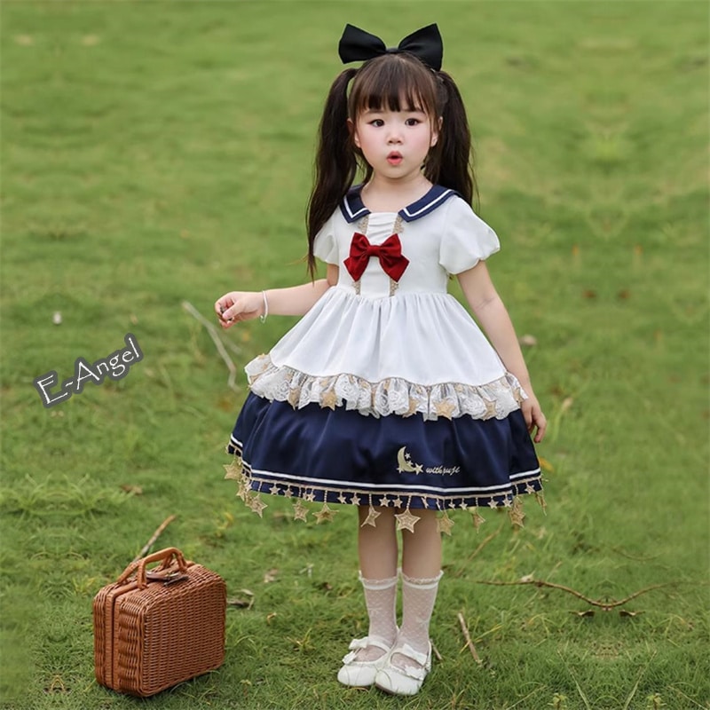 セーラー風ワンピース キッズ ロリータ プリンセスドレス 可愛い 星月刺繍 ロリータ 子供服 誕生日 ギフト 春夏ワンピース ガールズ 女の子用 ハロウィーン コスプレ