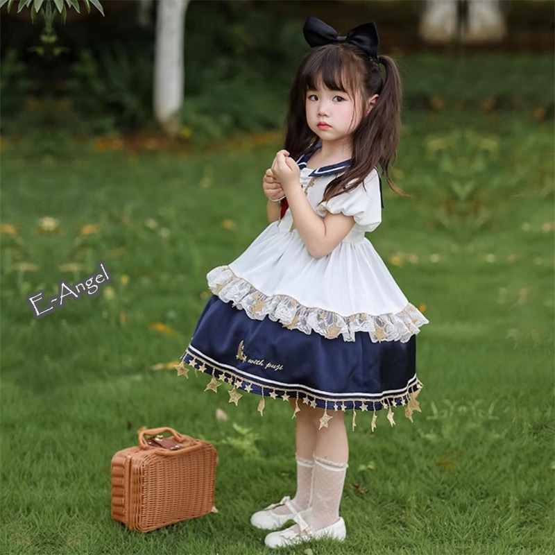 セーラー風ワンピース キッズ ロリータ プリンセスドレス 可愛い 星月刺繍 ロリータ 子供服 誕生日 ギフト 春夏ワンピース ガールズ 女の子用 ハロウィーン コスプレ
