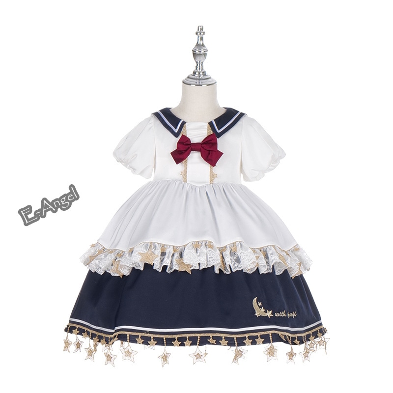 セーラー風ワンピース キッズ ロリータ プリンセスドレス 可愛い 星月刺繍 ロリータ 子供服 誕生日 ギフト 春夏ワンピース ガールズ 女の子用 ハロウィーン コスプレ