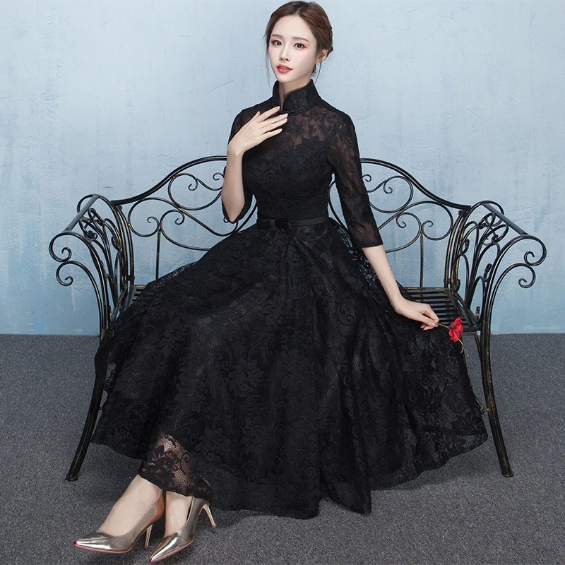 ドレスワンピースチャイナ風ドレスパーティードレス七分袖結婚式二次会女子会総レースシ ドレスワンピースチャイナ風ドレスパーティードレス七分袖結婚式二次会女子会総レースシ