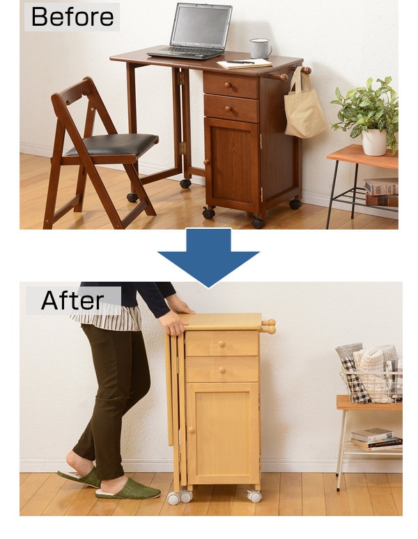 折りたたみデスク 幅88cm ワゴン付き キャスター デスク 収納 引き出し 机
