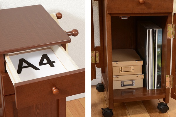 折りたたみデスク 幅88cm ワゴン付き キャスター デスク 収納 引き出し 机