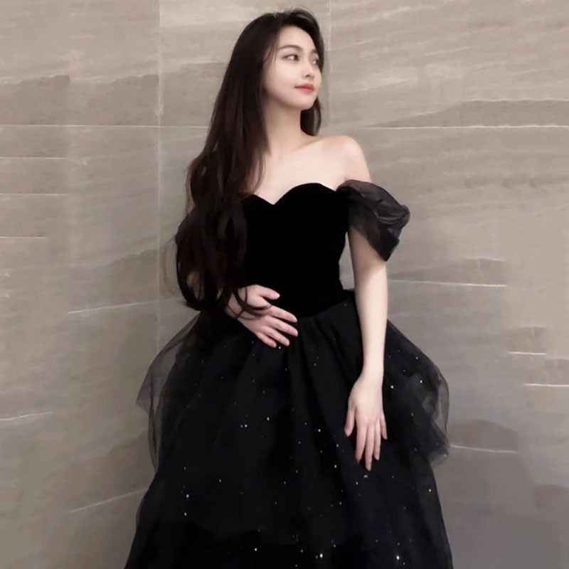 黒のイブニングドレス気質とチュチュスカートホステス女性秋声楽芸術試験成人式パーティーウェルカムドレス