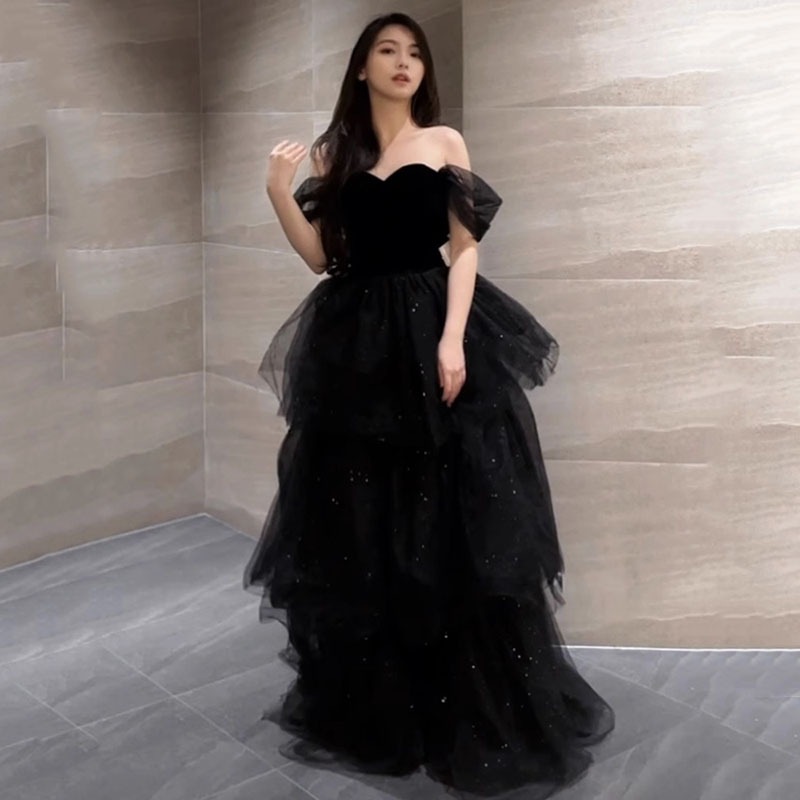 黒のイブニングドレス気質とチュチュスカートホステス女性秋声楽芸術試験成人式パーティーウェルカムドレス