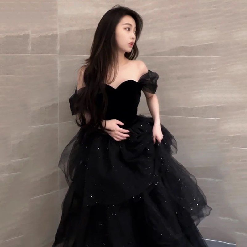 黒のイブニングドレス気質とチュチュスカートホステス女性秋声楽芸術試験成人式パーティーウェルカムドレス