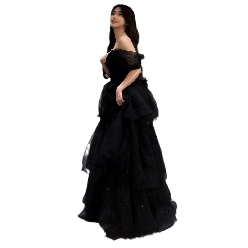 黒のイブニングドレス気質とチュチュスカートホステス女性秋声楽芸術試験成人式パーティーウェルカムドレス