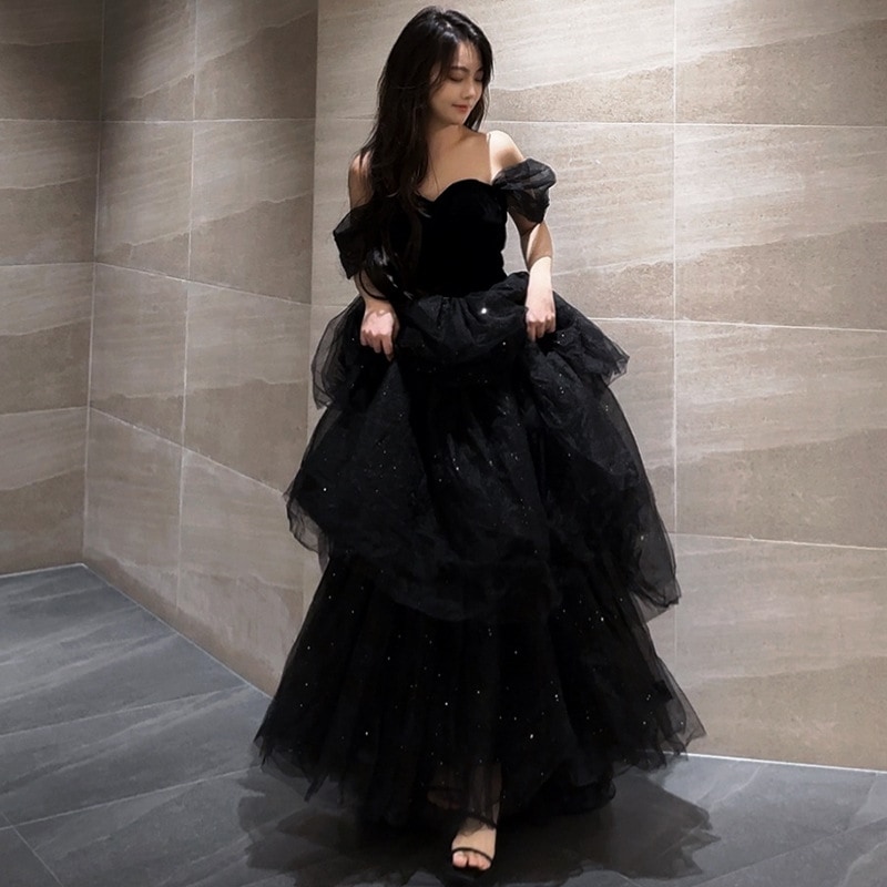 黒のイブニングドレス気質とチュチュスカートホステス女性秋声楽芸術試験成人式パーティーウェルカムドレス