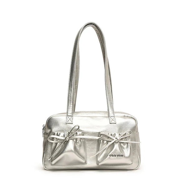 Qoo10] シルバーショルダーバッグ 韓国版 リボン