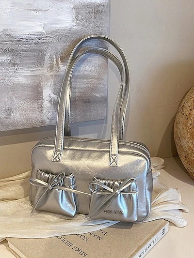 Qoo10] シルバーショルダーバッグ 韓国版 リボン : バッグ・雑貨