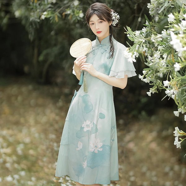 チャイナ風ワンピース 切り替え オリジナル ブルー-青い 可愛い Qoo10