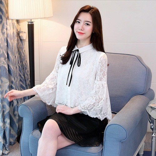 2061.リボンタイフレアスリーブレーストップス(ホワイト) 2061.リボンタイフレアスリーブレーストップス(ホワイト)