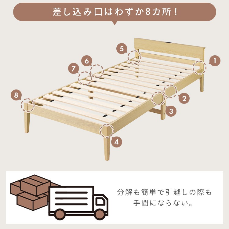 簡単組立すのこベッド シングル 天然木 工具不要 コンセント付き 宮付き ベッドフレーム シングルベッド すのこ 収納 一人暮らし 新生活 ESB02-S *_5