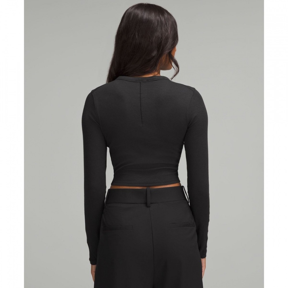 30% ホールドタイツストライプハムクロップドロングスリーブ-BLK