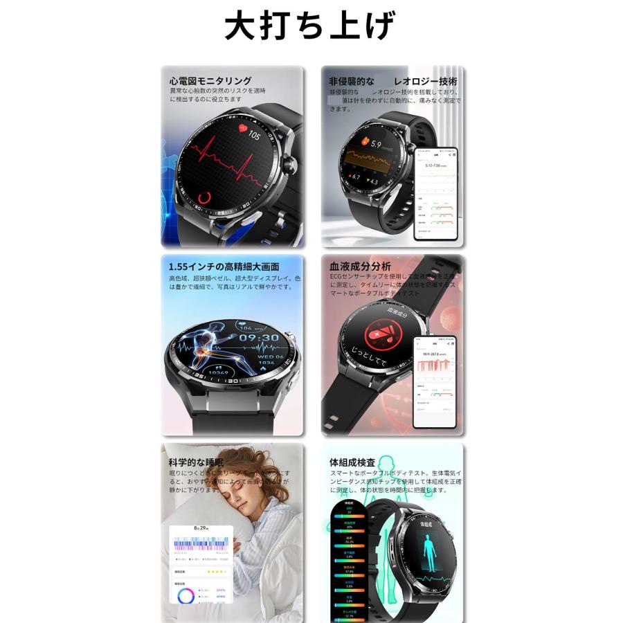 スマートウォッチ 血糖値 血圧測定 日本製センサー 心電図 血中酸素 睡眠検測 24時間健康管理 心拍数 呼吸率 体温 身体成分分析 歩数計 体脂肪率 多種認証済み