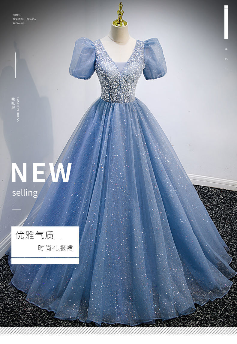 ブルー イブニングドレス 女性 2025 ホスト パフスリーブ パフドレス ブルー イブニングドレス 女性 2025 ホスト パフスリーブ パフドレス