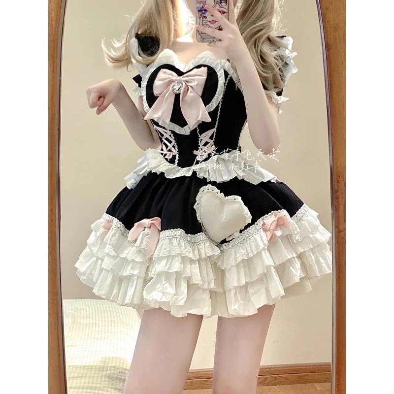 メガ割 かわいい ロリ学園祭 文化祭ワンピースコスプレ 安い コスプレドレス 复制 かわいい 半袖 リボン本 ワンピース Lolita 洋服 ポンポンスカート 韓国 花嫁 茶会