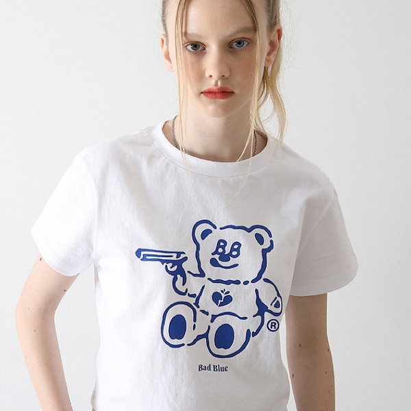 [Redvelvet ウェンディ チョユリ 着用] BadBear Crop Tee White 韓国 アイドル クロップド丈 半袖 Tシャツ 夏  レディース