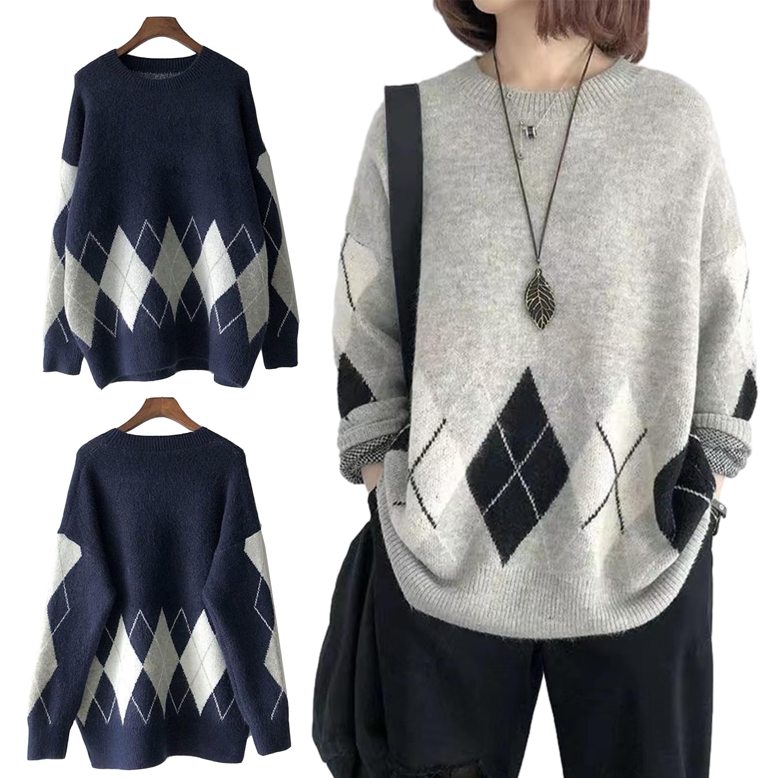 セーター レディース トップス カットソー 長袖 着痩せ 丸首 アーガイル 柄 ファッション カジュアル 可愛い 伸縮性 体型カバー 通勤 着心地 韓国 着回し 柔らかい お出かけ 春 秋 冬