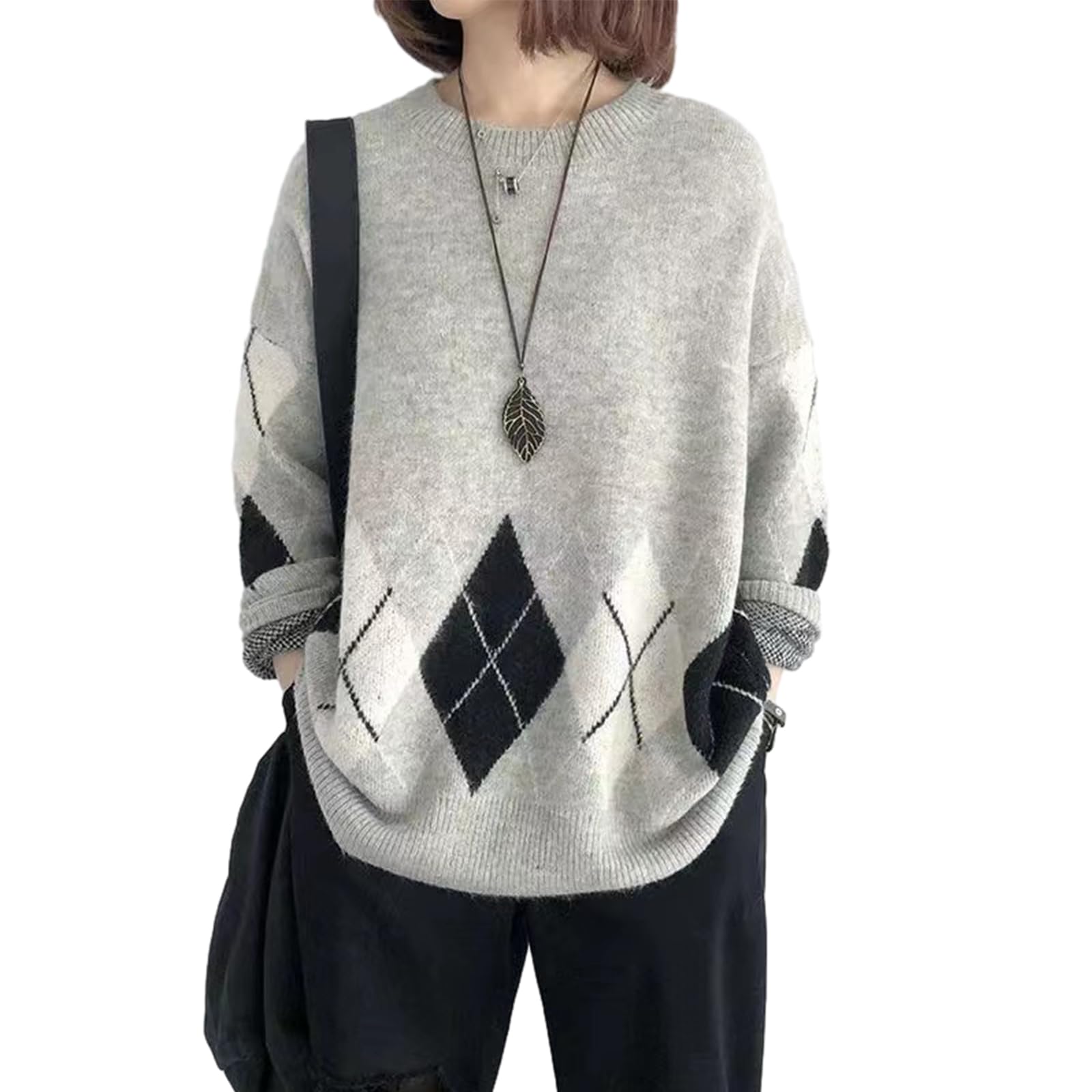セーター レディース トップス カットソー 長袖 着痩せ 丸首 アーガイル 柄 ファッション カジュアル 可愛い 伸縮性 体型カバー 通勤 着心地 韓国 着回し 柔らかい お出かけ 春 秋 冬
