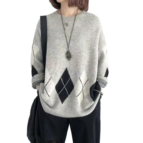 セーター レディース トップス カットソー 長袖 着痩せ 丸首 アーガイル 柄 ファッション カジュアル 可愛い 伸縮性 体型カバー 通勤 着心地 韓国 着回し 柔らかい お出かけ 春 秋 冬