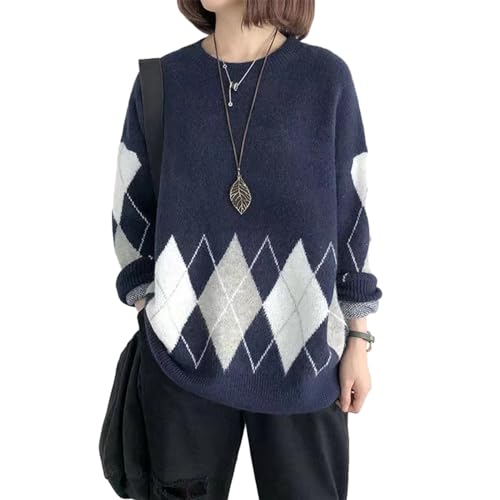 セーター レディース トップス カットソー 長袖 着痩せ 丸首 アーガイル 柄 ファッション カジュアル 可愛い 伸縮性 体型カバー 通勤 着心地 韓国 着回し 柔らかい お出かけ 春 秋 冬