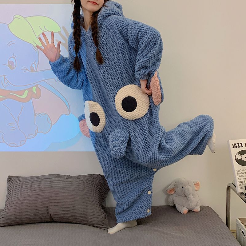 パジャマ ウェア象のキャラクター鼻連体パジャマのギャザーモデルゆったり外着可能連帽部屋着レディース 韓国3046