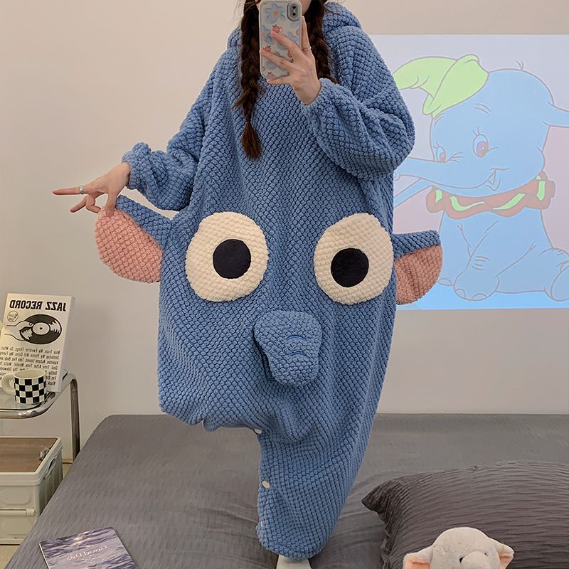 パジャマ ウェア象のキャラクター鼻連体パジャマのギャザーモデルゆったり外着可能連帽部屋着レディース 韓国3046