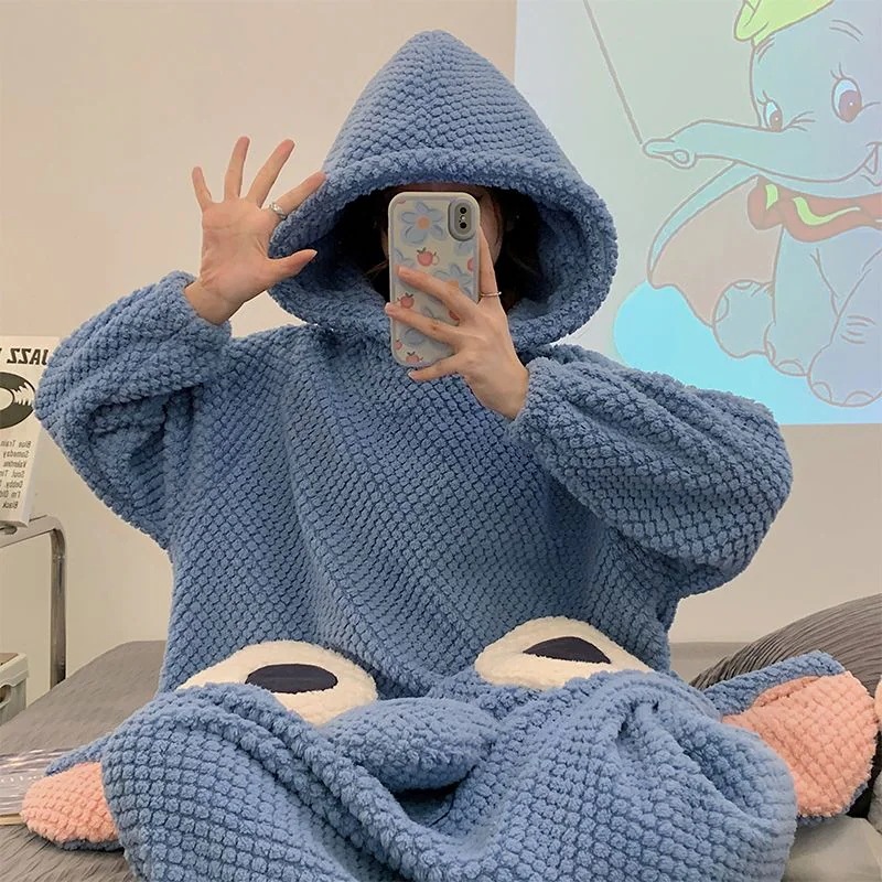 パジャマ ウェア象のキャラクター鼻連体パジャマのギャザーモデルゆったり外着可能連帽部屋着レディース 韓国3046