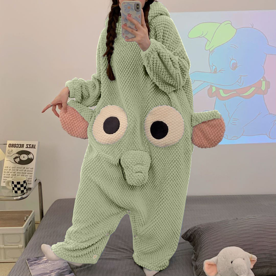 パジャマ ウェア象のキャラクター鼻連体パジャマのギャザーモデルゆったり外着可能連帽部屋着レディース 韓国3046