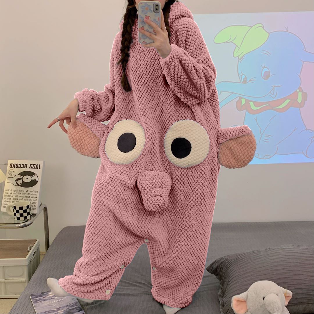 パジャマ ウェア象のキャラクター鼻連体パジャマのギャザーモデルゆったり外着可能連帽部屋着レディース 韓国3046