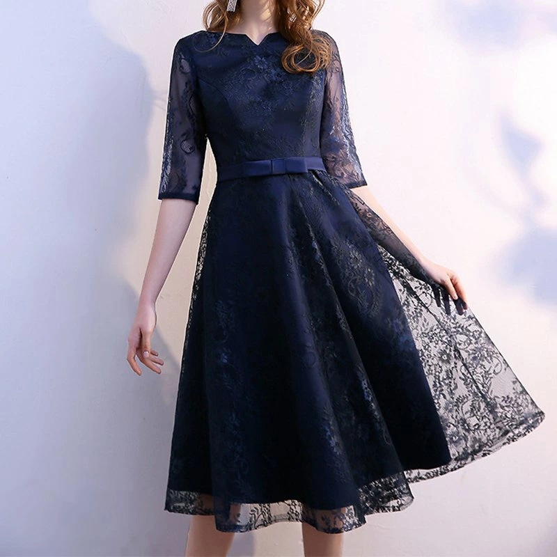 パーティードレス 結婚式 ワンピース ミモレ丈 結婚式ドレス 結婚式 ワンピース総レース パーティドレス お呼ばれドレス 袖あり 袖 ニ次会 フォーマル セレブ 二次会 パーティ 2次会 パーティー