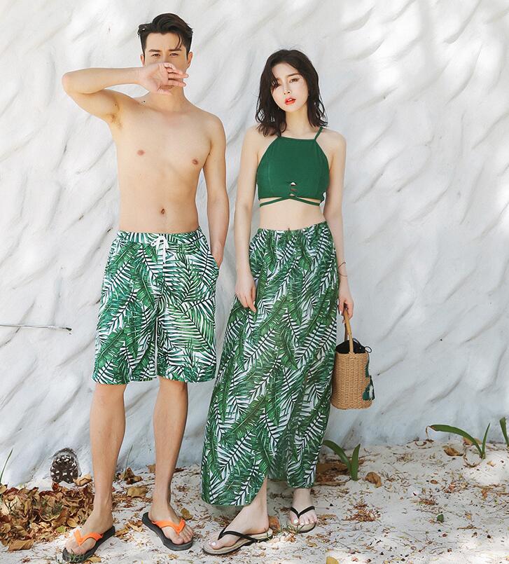 【送料無料】ペア水着 男女セット 水着 メンズ水着 レディース水着 カップル ビキニ タンキニ お揃い ビーチ水着 ビーチパンツ 4点セット 葉柄 セパレート セットアップ ママ水着 体型カバー ペア