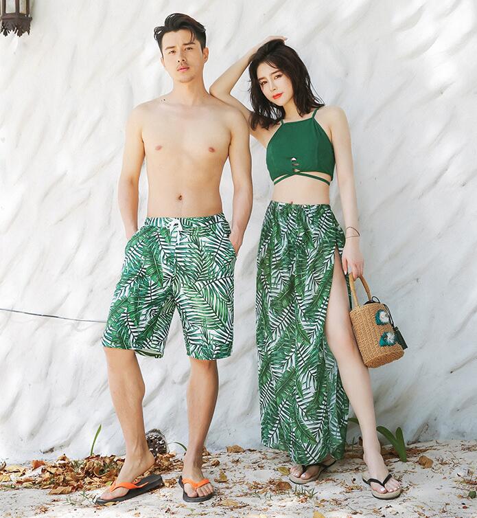 【送料無料】ペア水着 男女セット 水着 メンズ水着 レディース水着 カップル ビキニ タンキニ お揃い ビーチ水着 ビーチパンツ 4点セット 葉柄 セパレート セットアップ ママ水着 体型カバー ペア