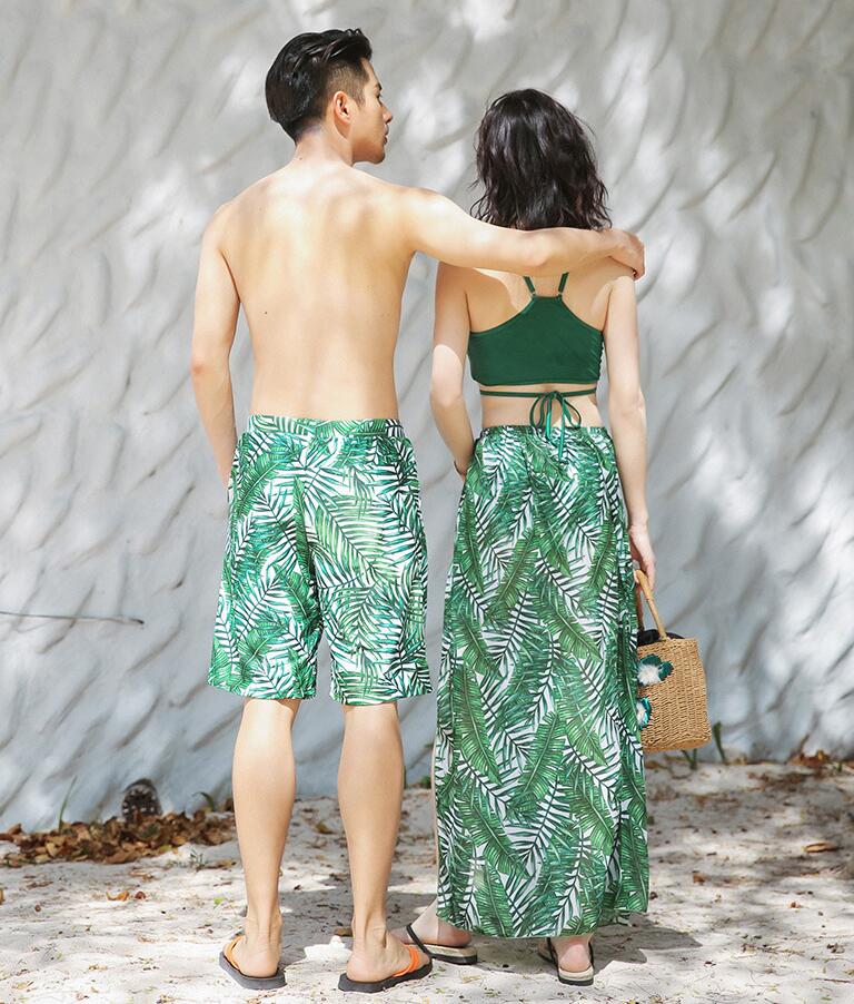 【送料無料】ペア水着 男女セット 水着 メンズ水着 レディース水着 カップル ビキニ タンキニ お揃い ビーチ水着 ビーチパンツ 4点セット 葉柄 セパレート セットアップ ママ水着 体型カバー ペア