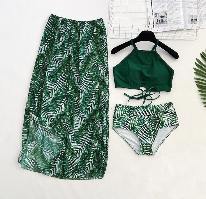 【送料無料】ペア水着 男女セット 水着 メンズ水着 レディース水着 カップル ビキニ タンキニ お揃い ビーチ水着 ビーチパンツ 4点セット 葉柄 セパレート セットアップ ママ水着 体型カバー ペア