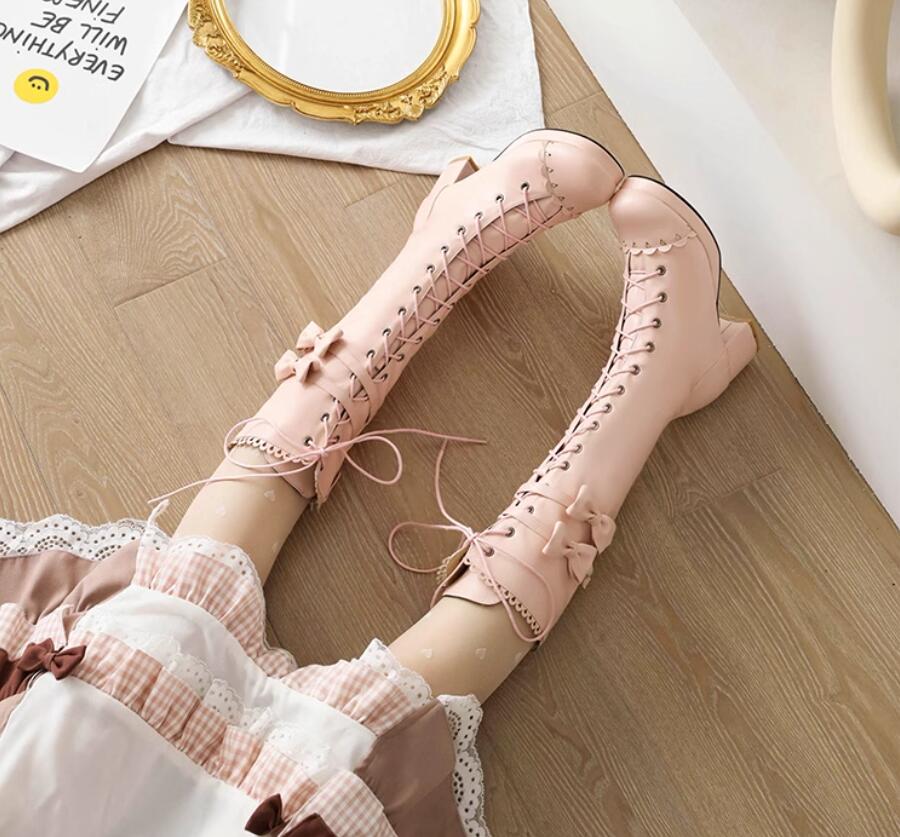 レディースブーツロングブーツレースアップブーツ編み上げブーツロリータ風コスプレ22～26.5cm