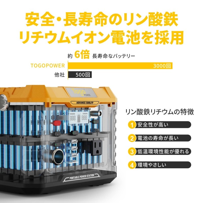 TogoPower ADVANCE500LFP リン酸鉄ポータブル電源 500W 231Wh 72180mAh PSE認証済 大容量 バッテリー アウ TogoPower ADVANCE500LFP リン酸鉄ポータブル電源 500W 231Wh 72180mAh PSE認証済 大容量 バッテリー アウ
