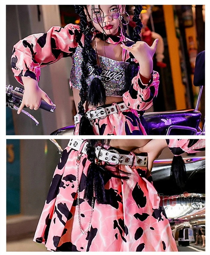 ダンス衣装 キッズ タイダイ柄 セットアップ ヒップホップ ピンク ローズ へそ出し トップス スカート 女の子 ダンスウェア チアガール 団体服 ステージ衣装 ダンス発表会 舞台衣装 応援団 韓国