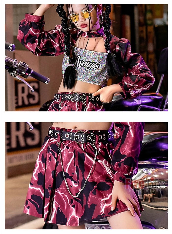 ダンス衣装 キッズ タイダイ柄 セットアップ ヒップホップ ピンク ローズ へそ出し トップス スカート 女の子 ダンスウェア チアガール 団体服 ステージ衣装 ダンス発表会 舞台衣装 応援団 韓国