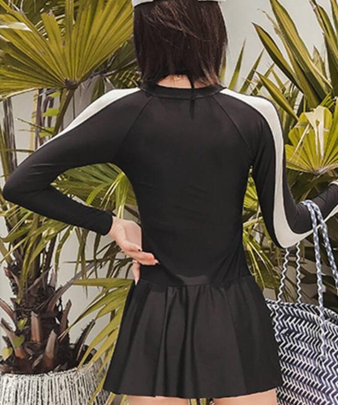 即日発送水着 服みたいな レディース ワンピース水着 フィットネス水着 スポーツジムスポーティ 長袖 黒 かわいい 20代 30代 40代 ママ水着 大人 体型カバー 露出対策 オトナ女子 ラッシュガ