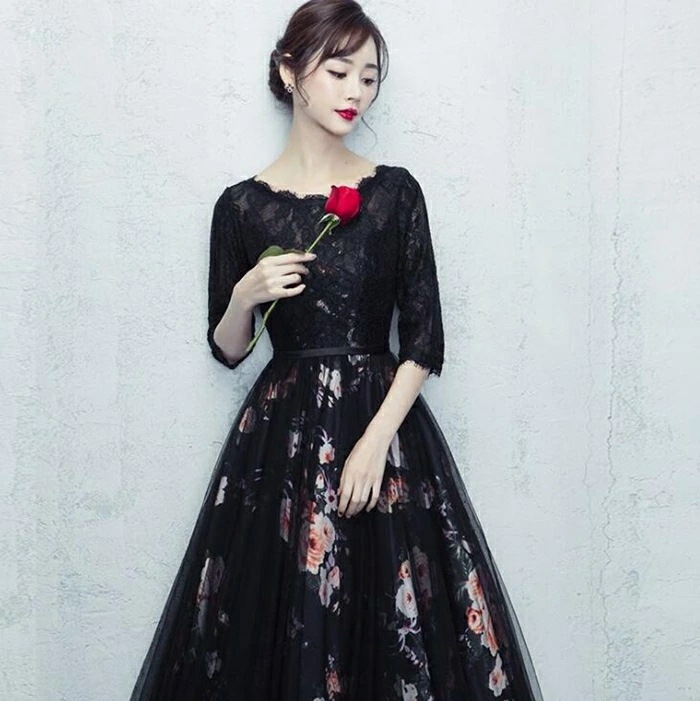 パーティードレス longdress ロングドレス パーティドレス 花柄 刺繍　レース ウェディングドレス ウエディング ドレス 二次会 花嫁 ブライズメイド お呼ばれ ワンピース 袖 ミモレ丈 エン