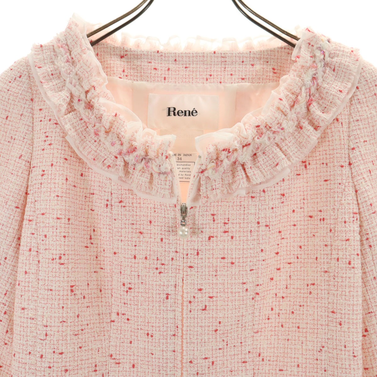 未使用 Rene ルネ 日本製 5分袖 ツイード ジャケット 34 ピンク系 レディース 古着 未使用 Rene ルネ 日本製 5分袖 ツイード ジャケット 34 ピンク系 レディース 古着