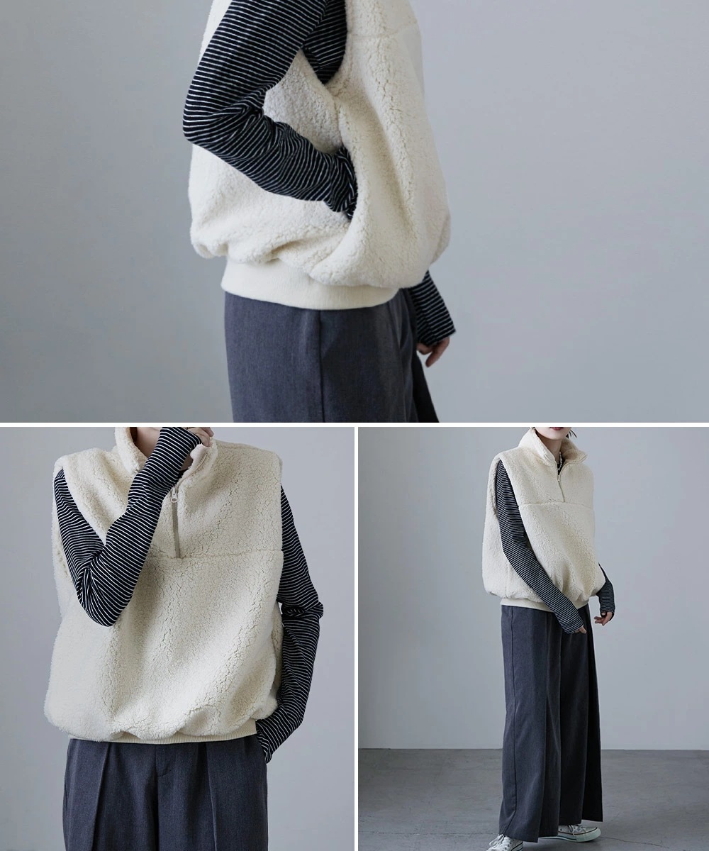 【即納】ハーフジップボリュームボアベスト トップス アウター ベスト ボア ハーフジップ ノースリーブ スタンドカラー ハイネック ボトルネック ジップアップ レイヤード プルオーバー ビッグシルエッ 【即納】ハーフジップボリュームボアベスト トップス アウター ベスト ボア ハーフジップ ノースリーブ スタンドカラー ハイネック ボトルネック ジップアップ レイヤード プルオーバー ビッグシルエッ