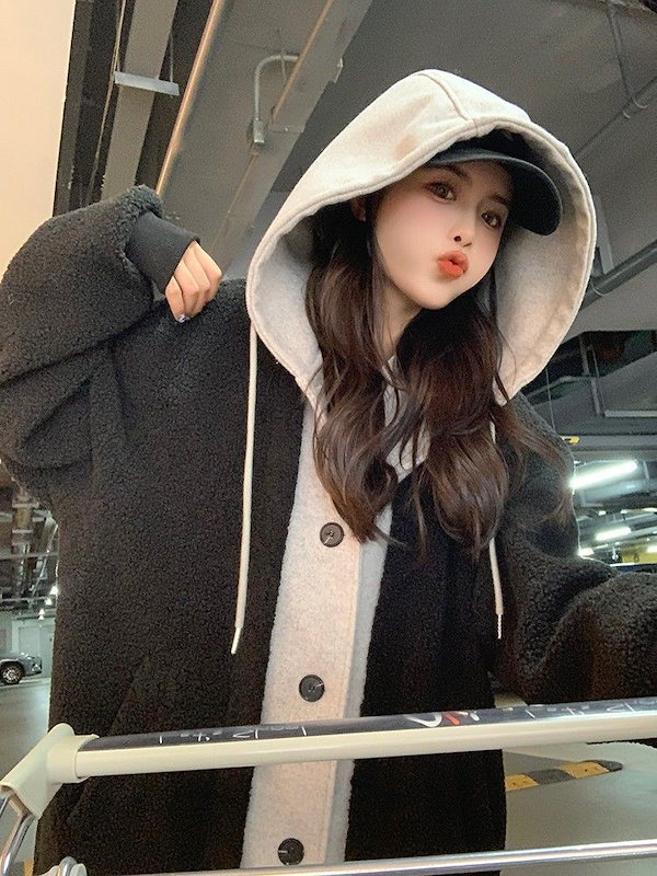 Qoo10] フード付き2枚セット風ボアコート ロング