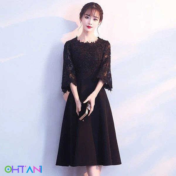 XS-3L 着丈選択できるドレス 袖付き ピアノ 発表会 母親 結婚式 黒 パーティードレスロングド