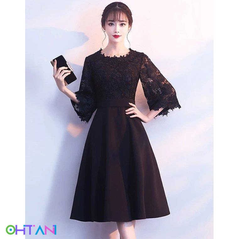 XS-3L 着丈選択できるドレス 袖付き ピアノ 発表会 母親 結婚式 黒 パーティードレスロングド